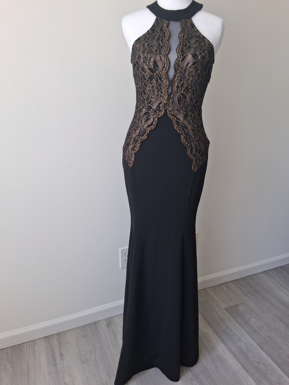 Black Maxi Dress with Gold Lace Applique Halter Bodice M Elegant Formal Feminine